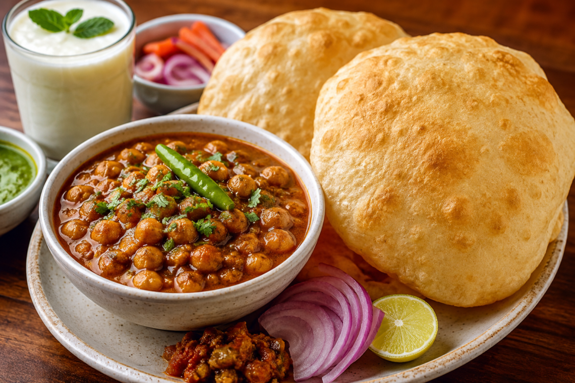 Authentic Punjabi Chole Bhature served hot with spicy chickpea curry, fluffy fried bhature, onions, and lassi.